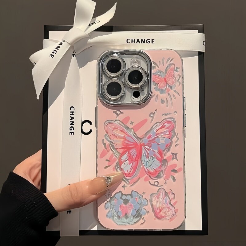 多彩蝴蝶适用苹果16promax精孔羽纱iPhone15plus手机壳17Air镜头膜14女神13气质12新款11硅胶全包防摔超火外