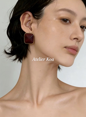 Atelier Koa日本手工制作方形几何暗纹豹纹酒红色复古度假风耳环