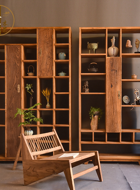 侘寂风书架实木博古架老榆木展示柜中古风落地书柜茶具茶杯多宝阁