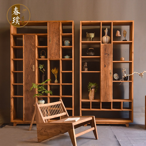 侘寂风书架实木博古架老榆木展示柜中古风落地书柜茶具茶杯多宝阁
