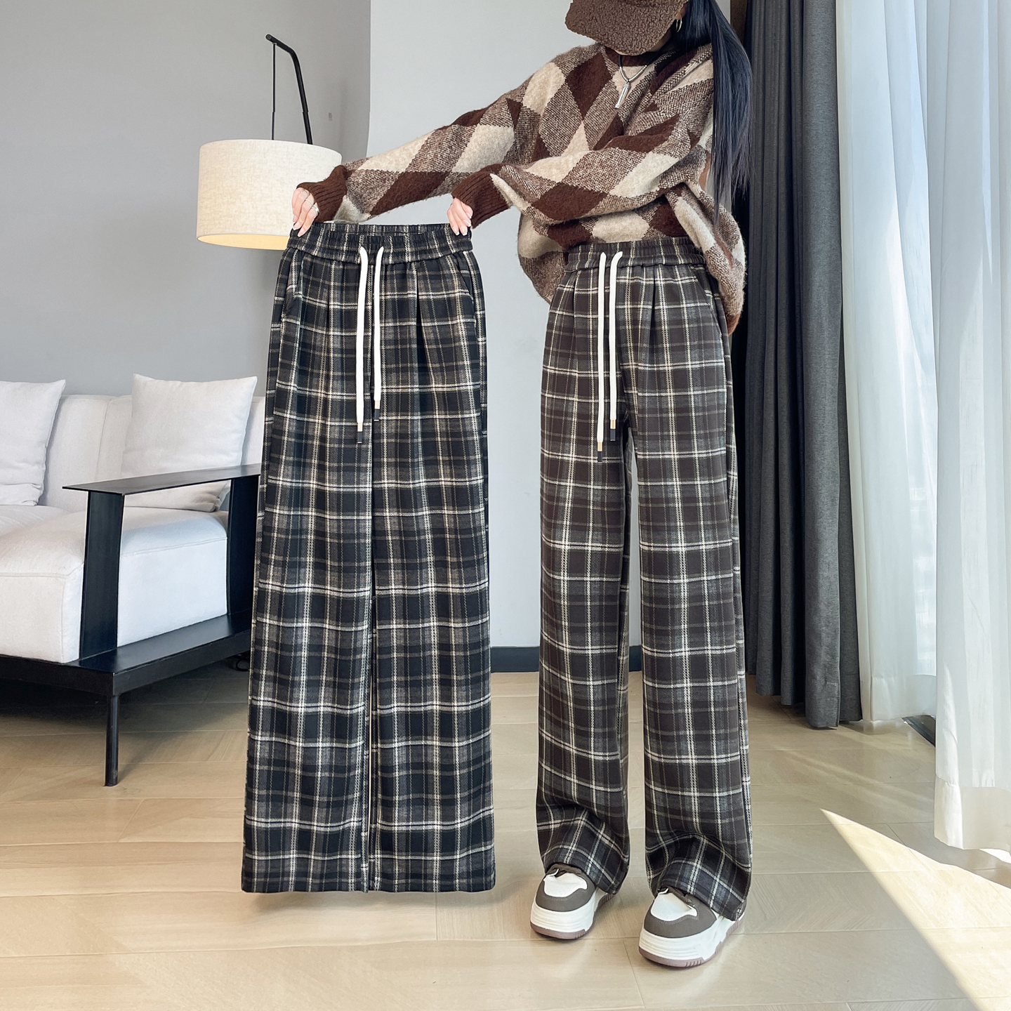 复古风棋盘格直筒阔腿裤女加绒