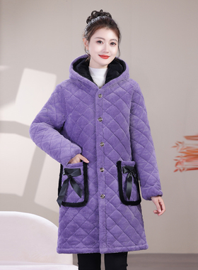 中长款连帽棉袄罩衣女冬季加绒加厚外套防寒保暖大褂外穿妈妈装