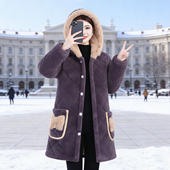 棉服宽松加绒加厚保暖棉袄外套大码 冬季 棉衣女士连帽中长款 显瘦