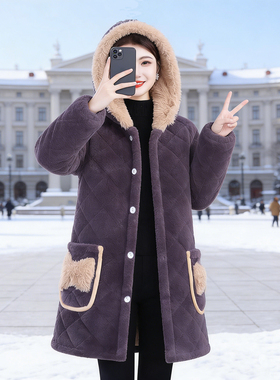 冬季棉衣女士连帽中长款棉服宽松加绒加厚保暖棉袄外套大码显瘦