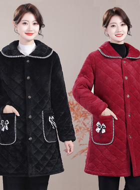 2025新款冬装棉衣女加绒加厚中长款翻领菱格保暖棉服外套棉衣棉袄