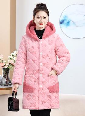 2024冬季女士外套中长款连帽子家居棉衣年轻时尚保暖超厚棉袄棉服