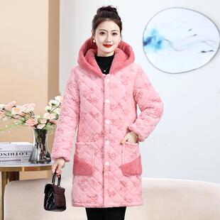 2024冬季女士外套中长款连帽子家居棉衣年轻时尚保暖超厚棉袄棉服