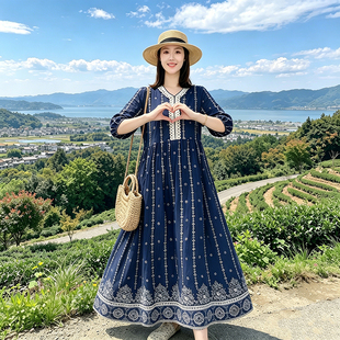 夏季棉绸连衣裙长裙复古V领蕾丝连衣裙女长款大摆裙显瘦气质蓝色