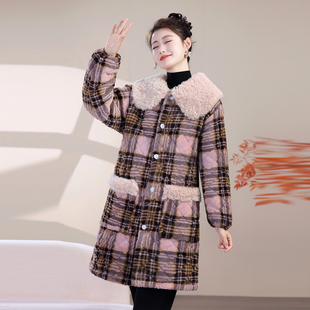 2026春季新款格子外套女中长款宽松加绒加厚保暖棉衣棉服大衣棉袄