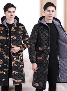 加长款男士冬季加绒加厚棉衣罩衣大码爸爸装迷彩棉服外套防寒保暖