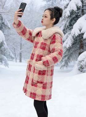 冬季新款防寒保暖格子棉服加绒加厚棉衣女中长款外套宽松大码棉袄