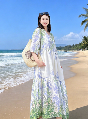 棉绸碎花连衣裙子女夏季薄款2026新款大摆裙收腰A字长裙宽松显瘦