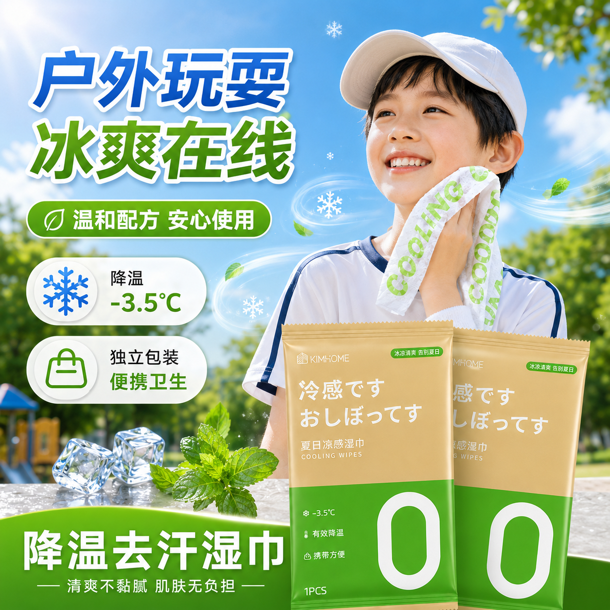 儿童降温冰巾冷感户外运动降温神器清凉薄荷提神凉感湿巾冰感毛巾