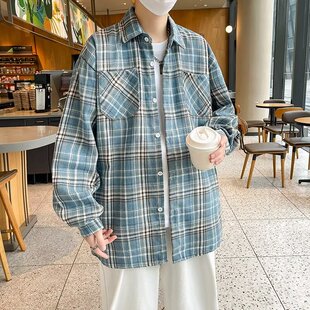 美式复古蓝色格子衬衫男秋季高级感痞帅长袖衬衣宽松百搭情侣外套