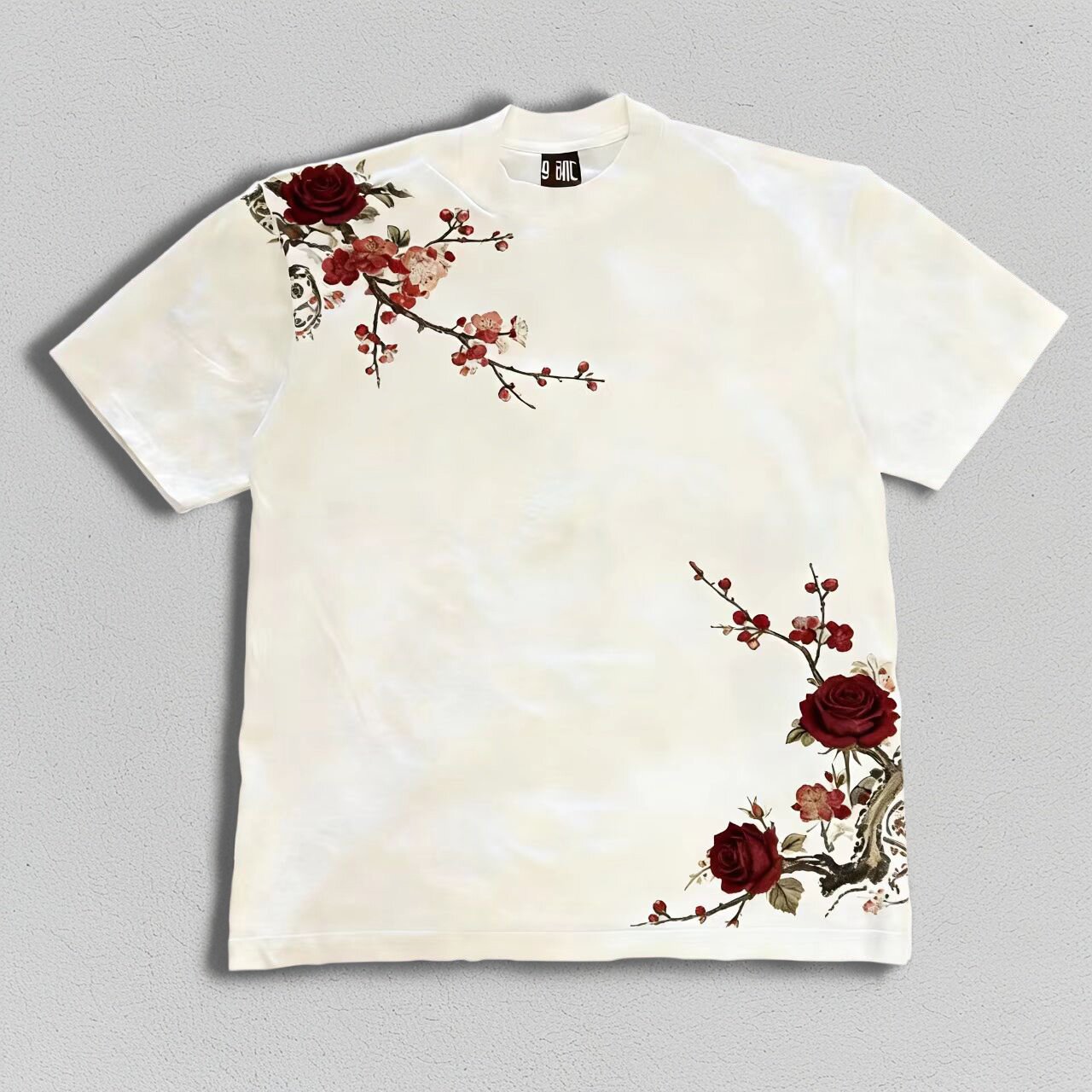 玫瑰印花T恤男夏季美式设计感休闲短袖男潮牌情侣款花卉图案上衣