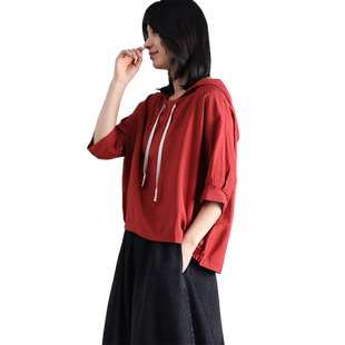 夏季棉麻连帽套头T恤女宽松纯色文艺薄款亚麻女上衣中袖显瘦衬衫