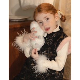 儿童高级鸵鸟毛打底针织衫 纯色内搭毛衣设计师潮 女童2024秋冬新款