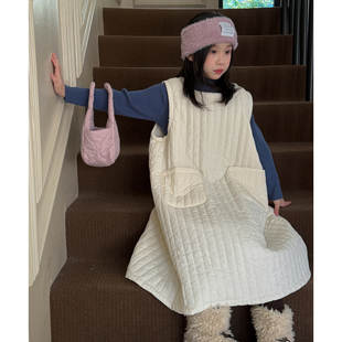 女童夹棉背心裙秋冬连衣裙小女孩长裙竖条绗棉加厚宝宝裙子休闲潮