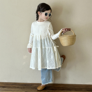 女童连衣裙秋装 宝宝叠穿裙子背心裙 小女孩蕾丝裙系带洋气休闲韩版