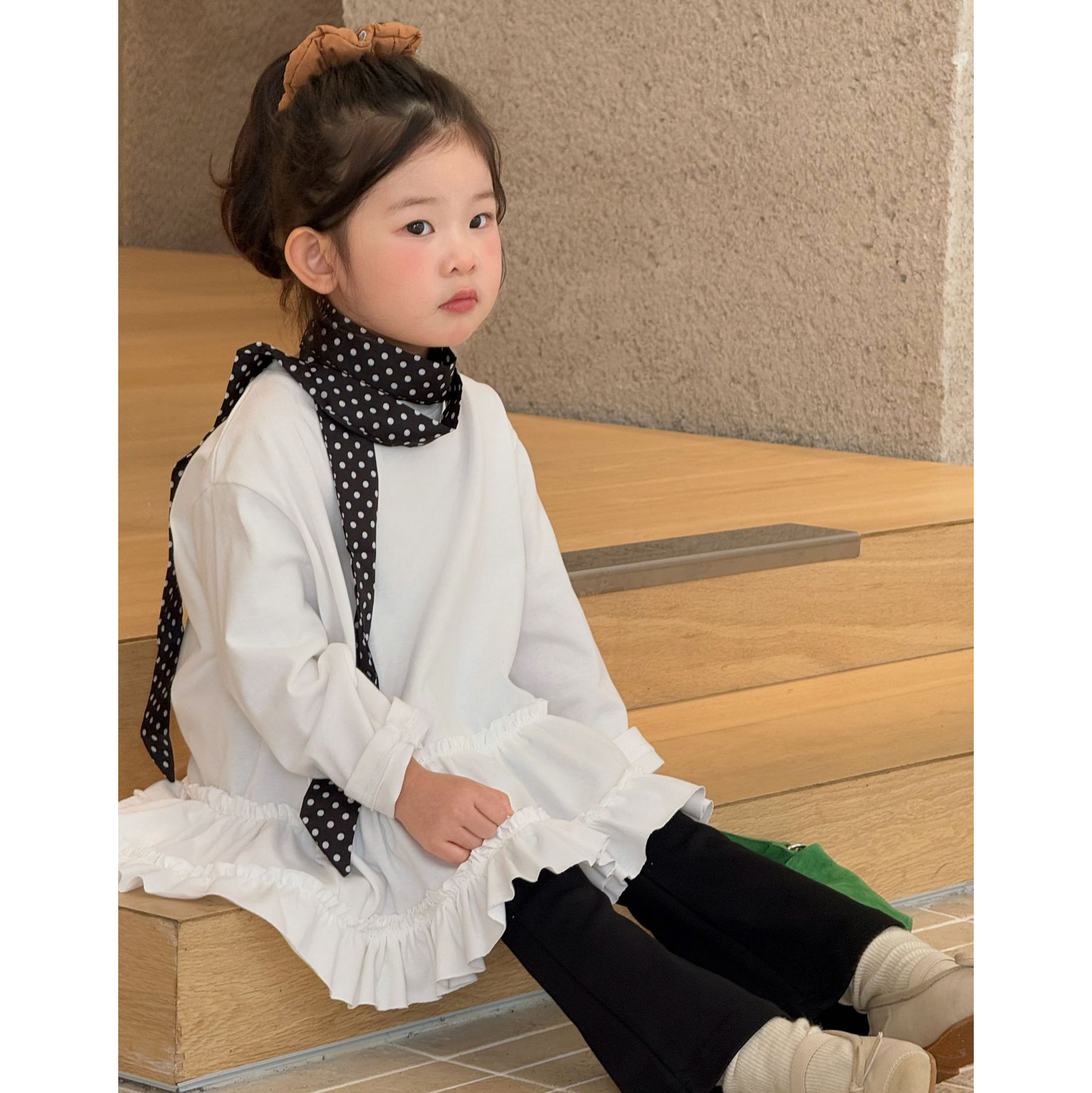 女童中长款t恤秋季新款宝宝长袖上衣花边纯色简约小女孩打底衫潮