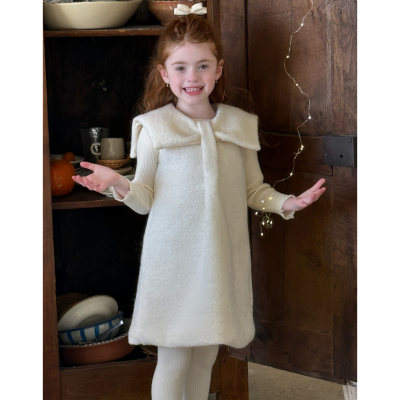 女童毛呢公主裙连衣裙蝴蝶结白色