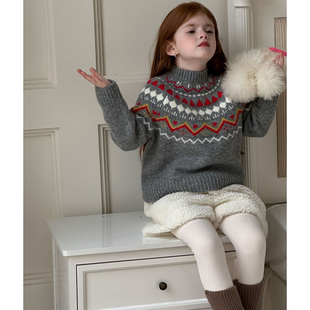女童费尔岛毛衣2025冬新款 儿童上衣 宝宝复古慵懒风加厚套头针织衫