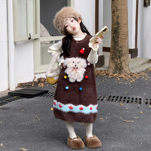 女童毛衣裙背心裙冬季 小女孩连衣裙宽松休闲叠穿宝宝长裙卡通 新款