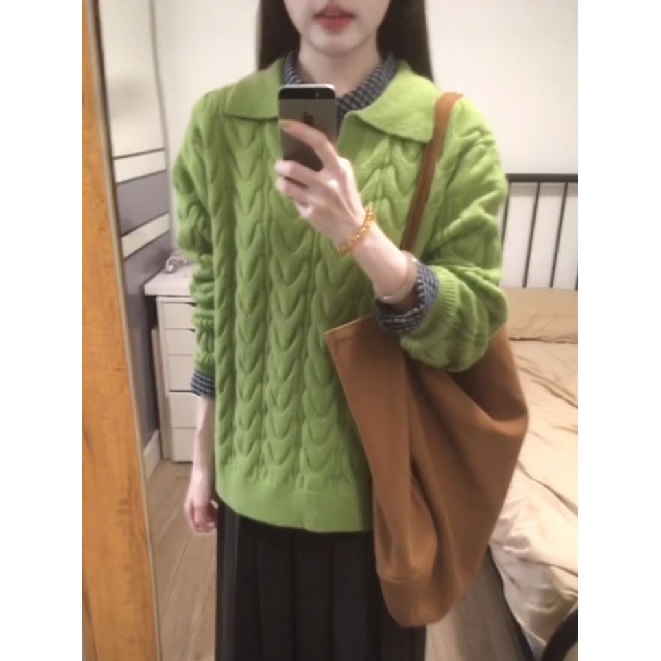 韩系翻领麻花毛衣女POLO衫绿色百搭针织衫上衣慵懒风松弛感复古风