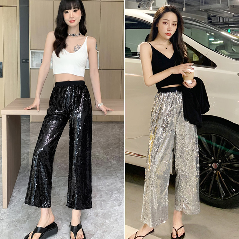 欧洲站夜店银色亮片表演阔腿长裤