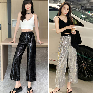 巨闪裤子欧洲站夜店风女团闪闪裤银白色亮片表演服阔腿垂感长裤女