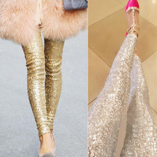 春夏款舞台表演显瘦外穿打底裤金色银色闪闪亮片裤子九分小脚裤女