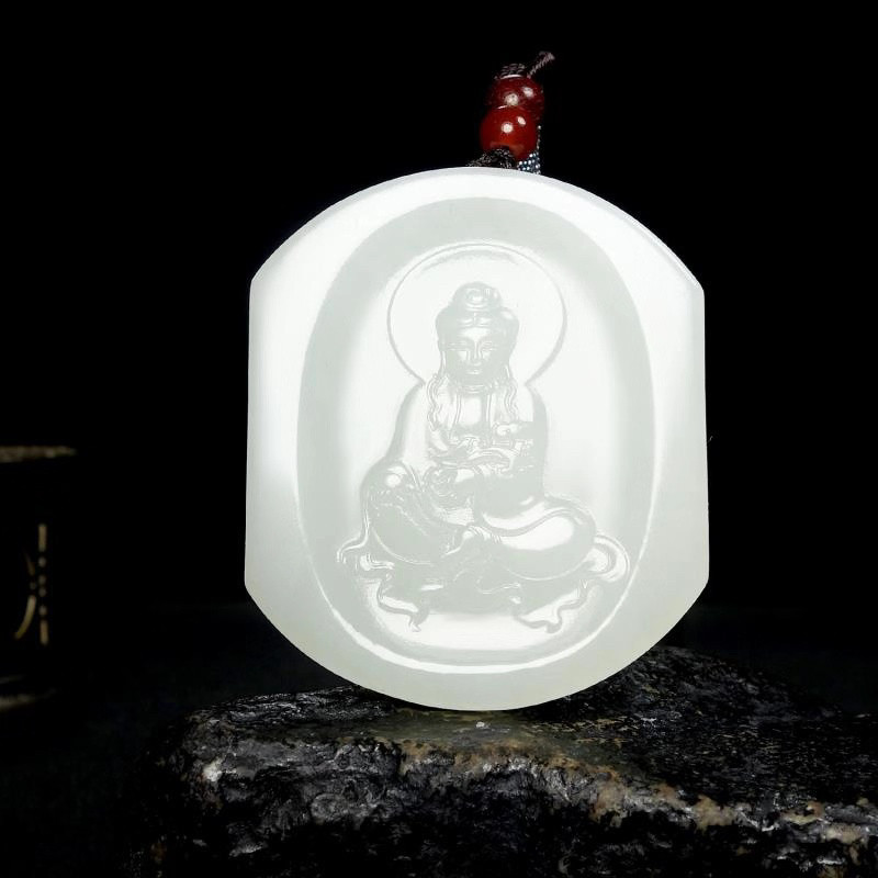 今石缘 天然和田玉青白玉半方半圆观音牌子吊坠 送证书包装等