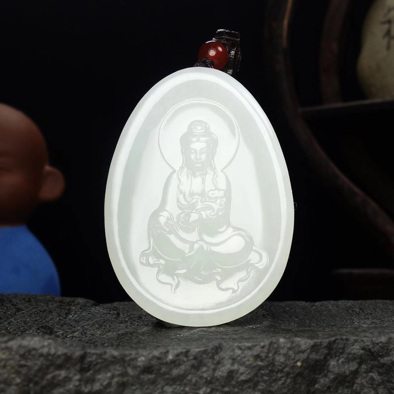 今石缘 天然和田玉青白玉如意观音牌约52*38*6毫米 送证书包装等