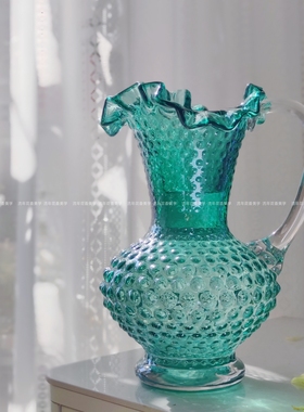 湖水绿色大号钉珠芬顿单提耳花壶形纯手工玻璃花瓶水养插花器摆件