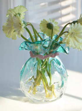 绿色渐变透明气泡紫红色围脖图腾手工福袋琉璃花瓶水养插花器摆件