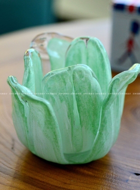 薄荷绿六瓣花郁金香手工玻璃蜡杯
