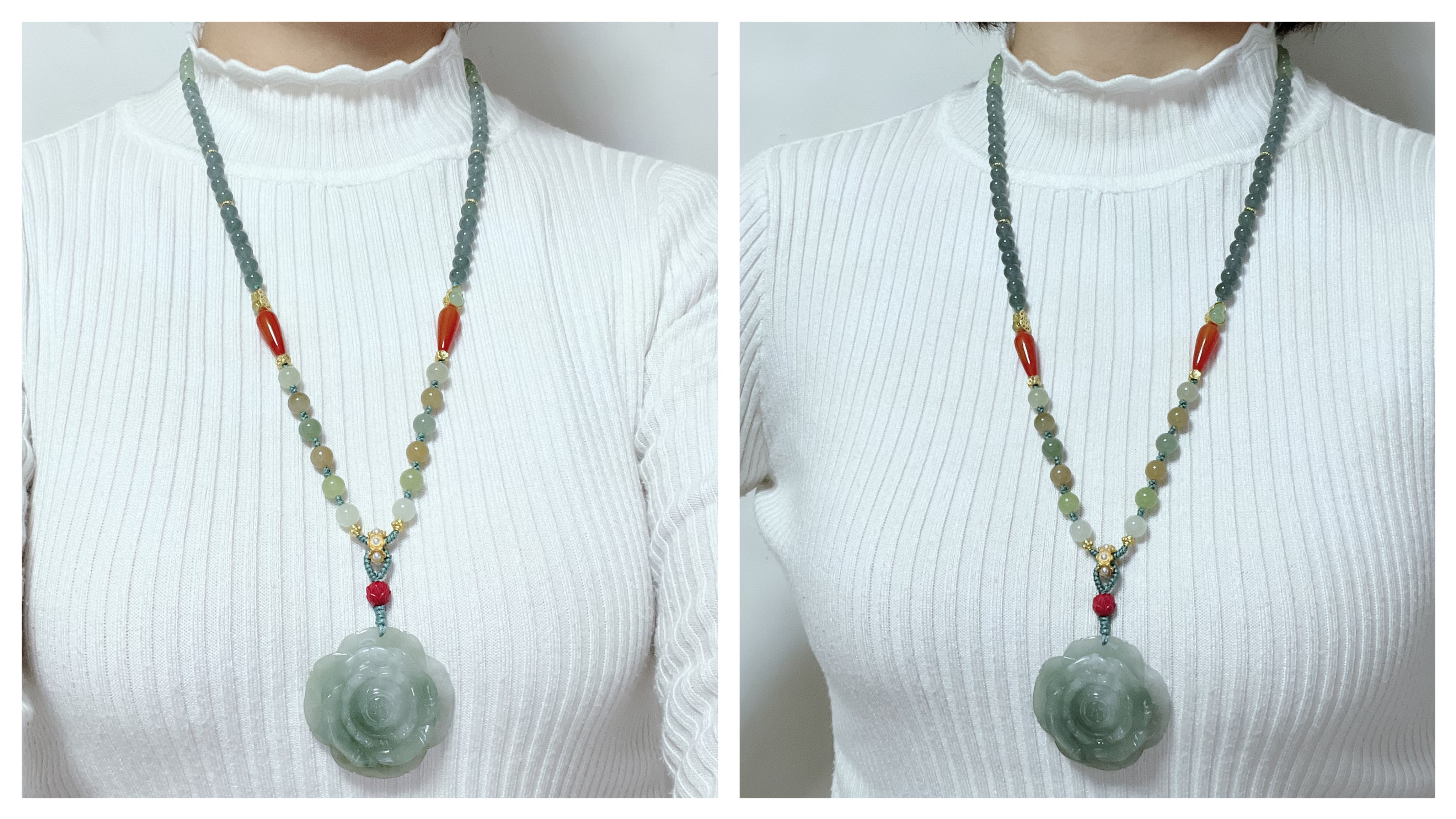 原创高档天然A货翡翠花项链绳和田玉毛衣链冰蓝水毛衣链