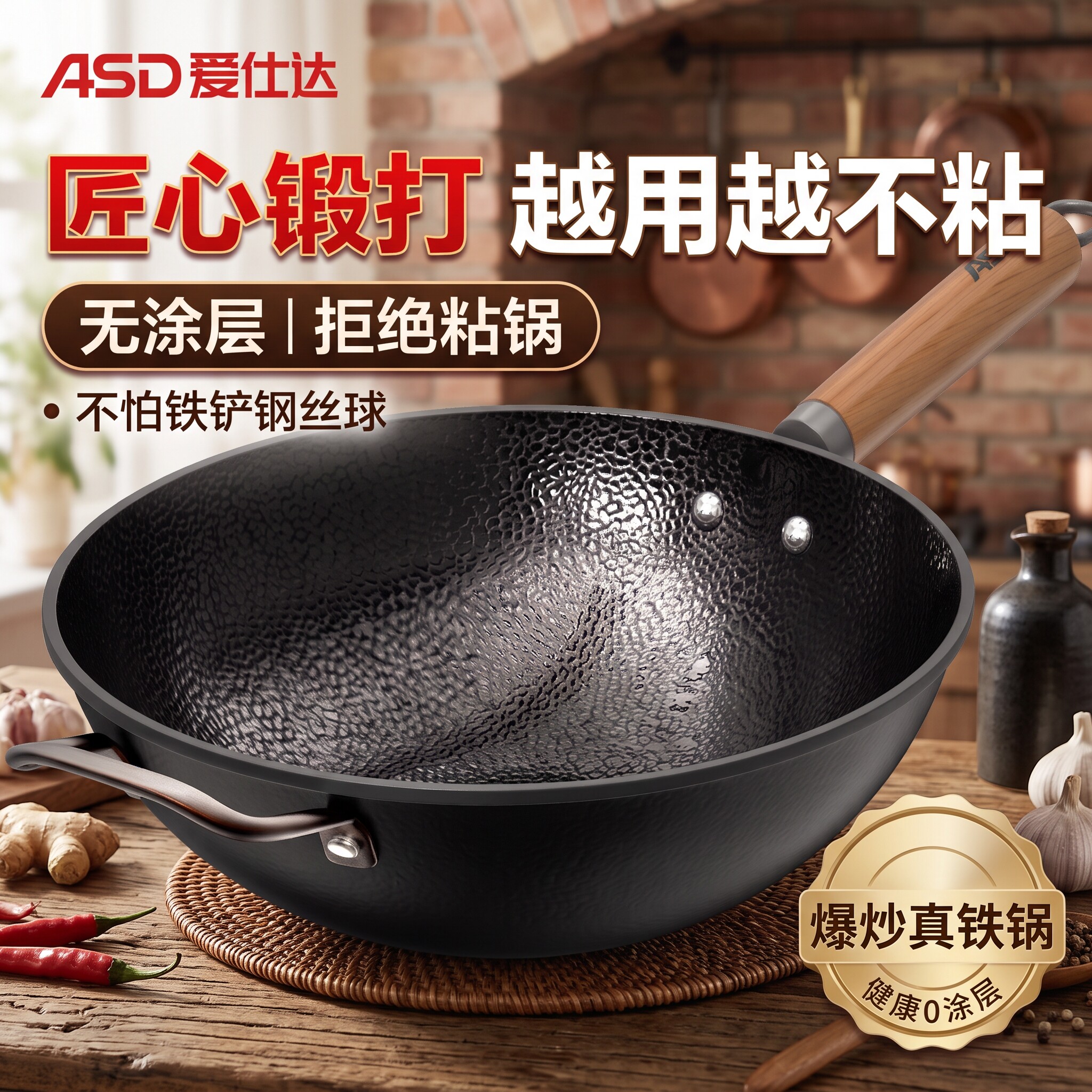 爱仕达老式大铁锅炒锅平底家用无涂层燃气灶电磁炉适用精铁炒菜锅