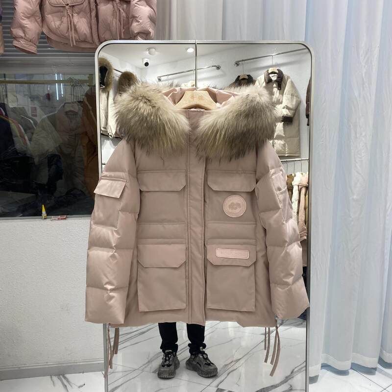 外贸款羽绒棉服女短款加厚大毛领粉色工装派克服2025新款外套