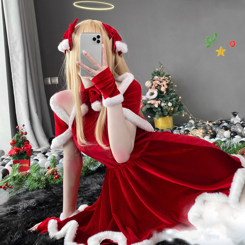 圣诞节节日主题性感连衣裙制服cosplay 兔女郎麋鹿丝绒红色战袍服