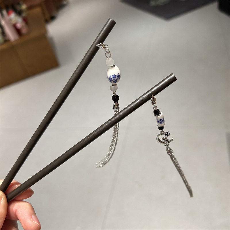青花瓷古银做旧流苏木簪新中步步摇盘发簪子期盼汉服日常筷子发簪