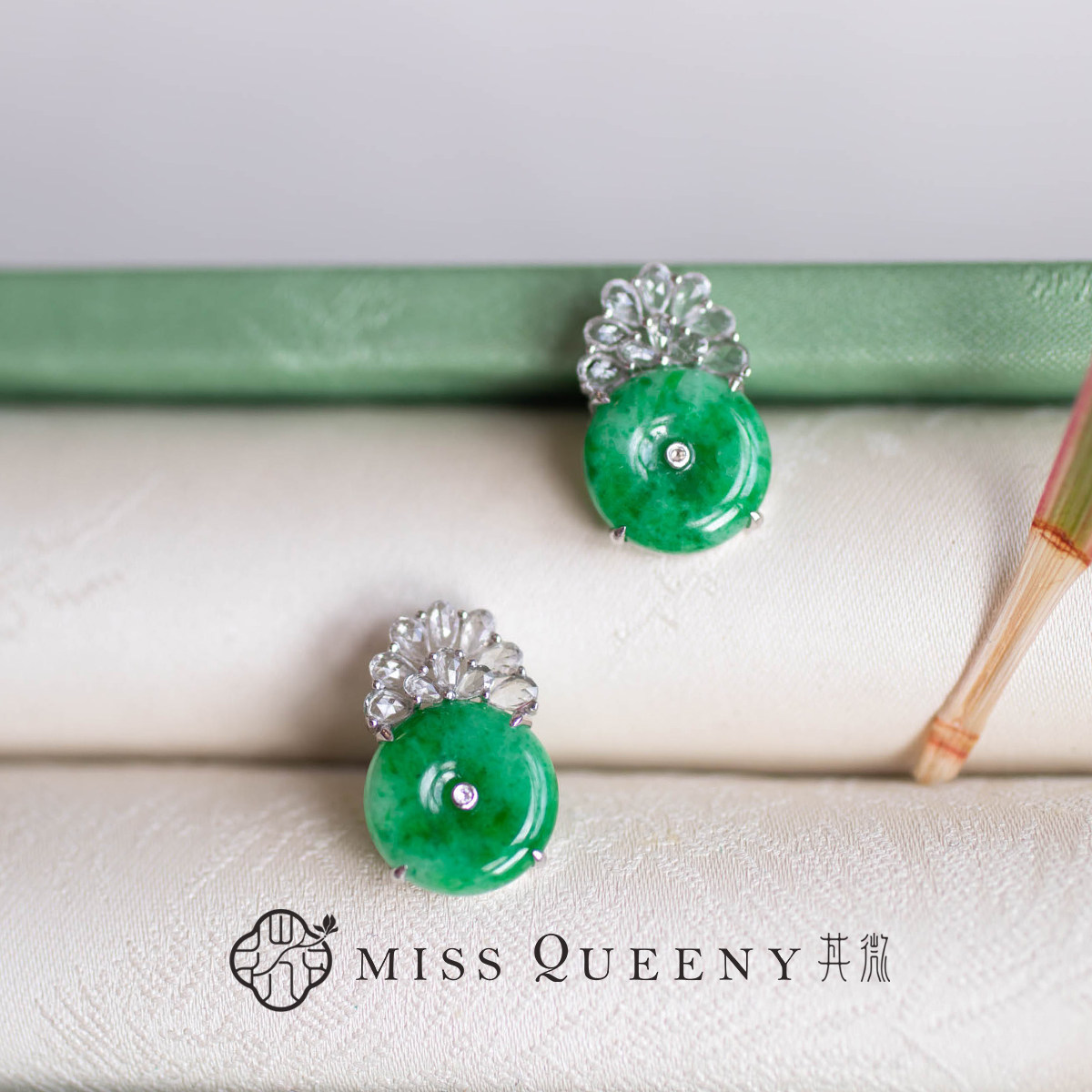 【孤品】MissQueeny其微|18K金绿翡翠平安扣耳钉红宝石优雅气质