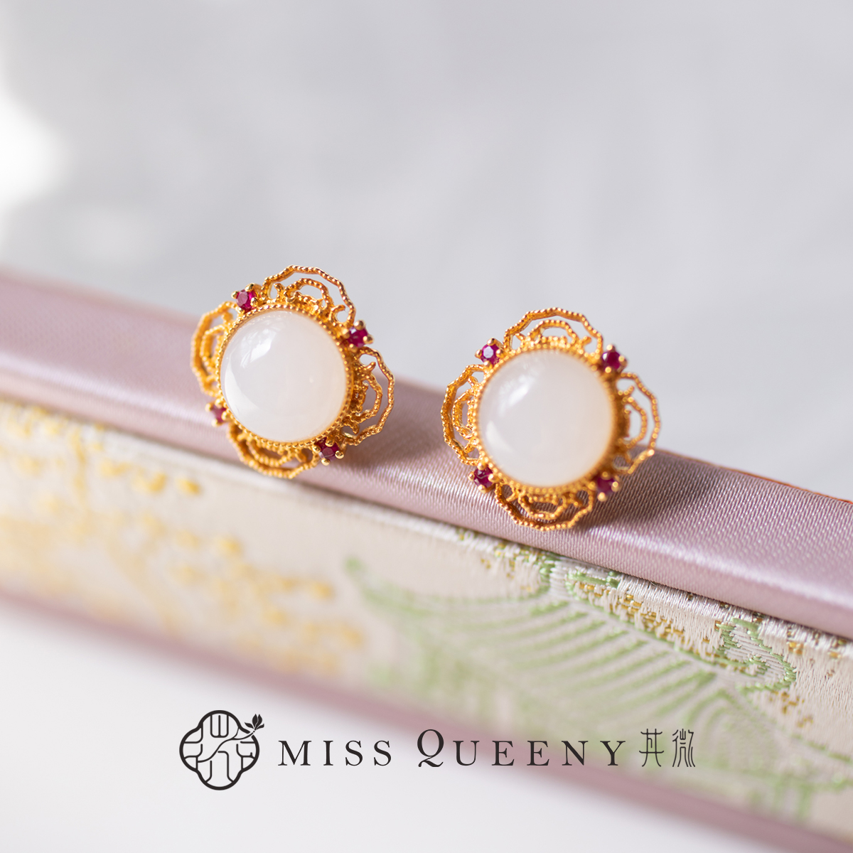 【孤品】MissQueeny其微|18K白玉花丝耳钉新中式温婉气质精致优雅