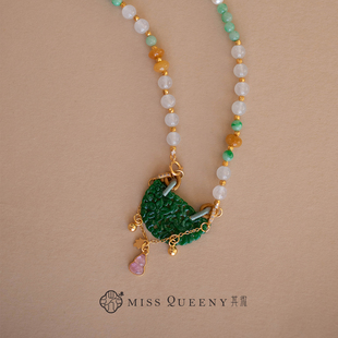 MissQueeny其微|满绿翡翠花片吊坠缅料翡翠纯银镀金珍珠项链气质