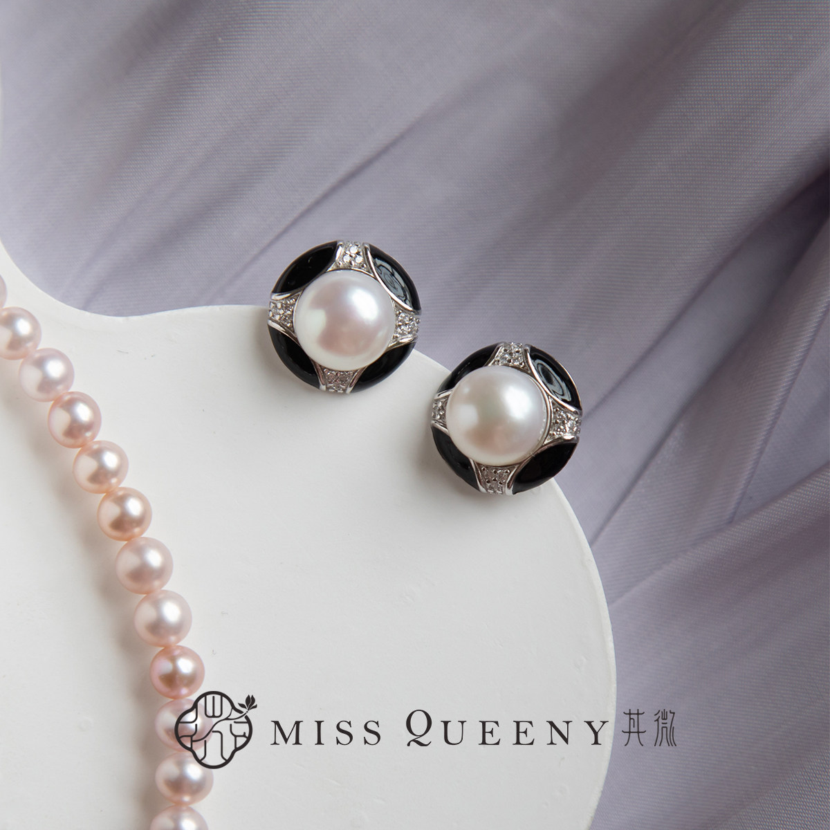 MissQueeny其微|夜幕&middot;黑珐琅淡水珍珠耳钉925纯银小香风精致百搭