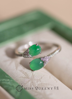 MissQueeny其微|18k白金冰阳绿翡翠钻石戒指缅A开口戒国风新中式