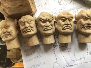 木雕神像五鬼头香樟木手工雕刻2.5英寸高传艺木雕