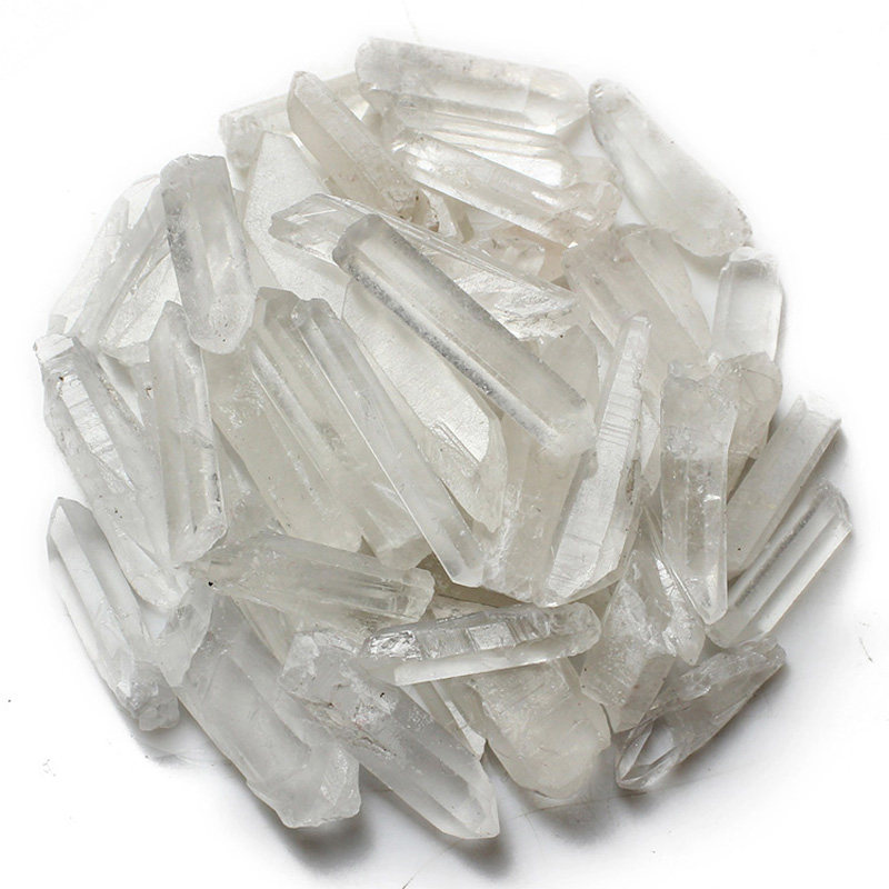 蓝绚丽白水晶六棱柱碎石 长条形白水晶石原石材料