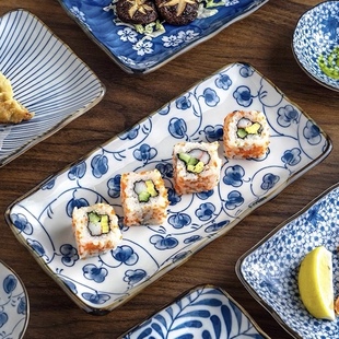 日本美浓烧进口长方寿司盘子日式餐具复古平盘鱼盘家用水果甜品碟