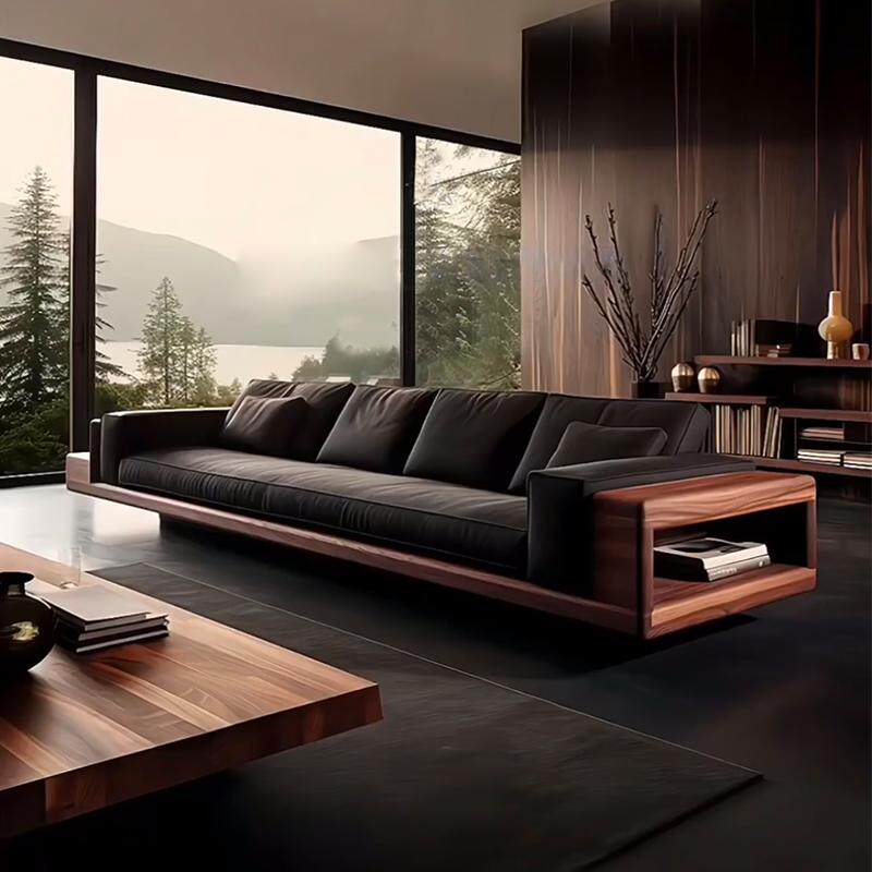 新中式三人四人位直排沙发2025新款高端黑胡桃木实木布艺沙发定制